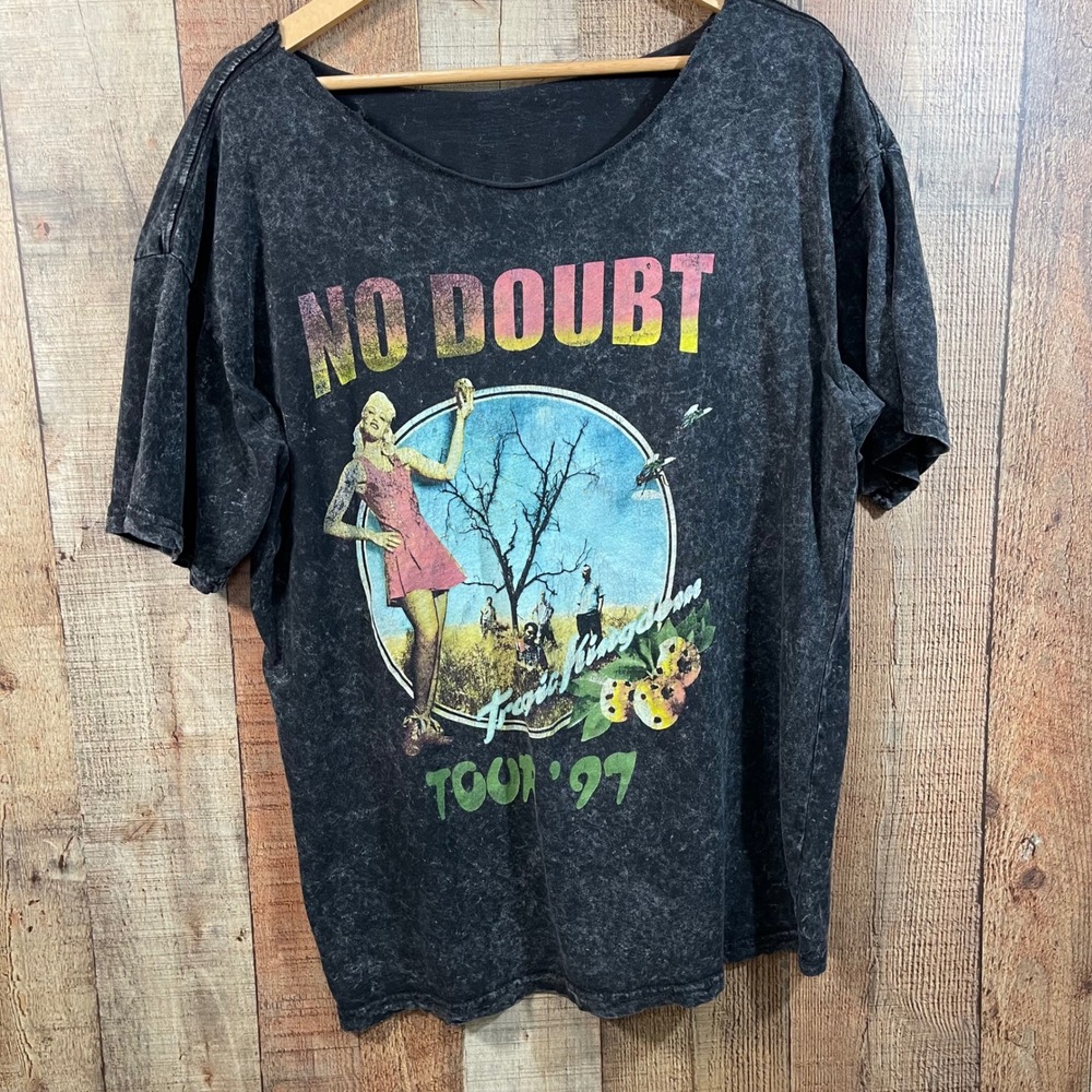 No Doubt Tragic Kingdom Tour 97 Graphic Tee Cut Neck Off Shoulder Acid Wash 2X